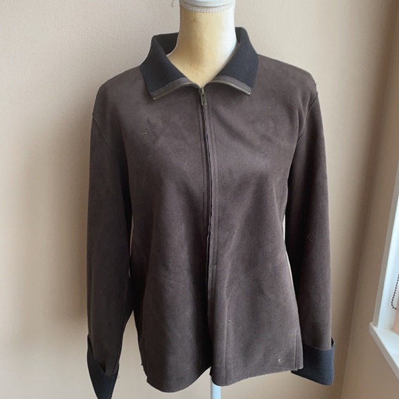 Chicos Womens Blazer Suede sz 1 Brown Long Sleeve Front Zip Light Weight - Picture 2 of 4